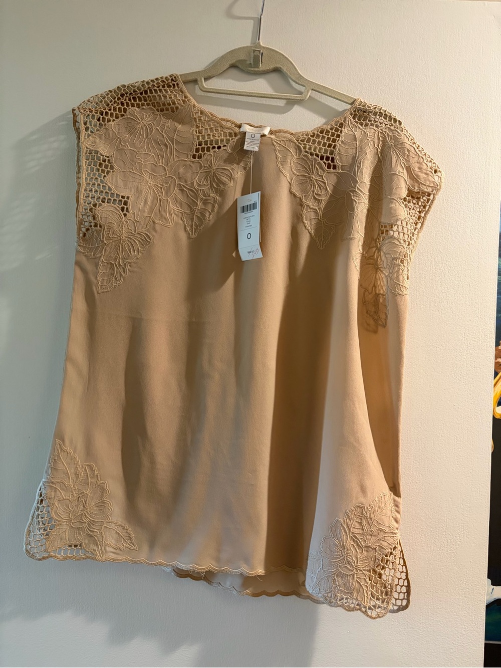 Chico's Taupe Crochet Floral-Trim Blouse